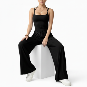 Combinaison sans manches à bretelles spaghetti pour femme, pantalon droit long, tenue décontractée et sportive en polyester et élasthanne, coupe douce - Product Image 3