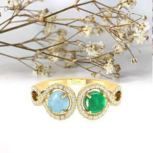 Bague Halo Ronde Naturelle de 5 mm en Émeraude et Aigue-marine avec Diamant en Or Fin 14 carats, Bague de Mariage Personnalisée, Fournisseurs en Gros de Qualité Supérieure - Product Image 3