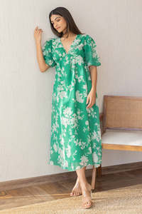 Robe midi vert à imprimé floral, col en V, manches bouffantes, style bohème ample, en mousseline, décontractée d'été pour femme, respirante et unie - Product Image 4