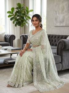 Designer Soft <b>Net</b> Saree With Cut Dana Multi Sequence & Thread Embroidery In Allover Saree Paired With Cut Dana Beads Work Blouse - Product Image 3