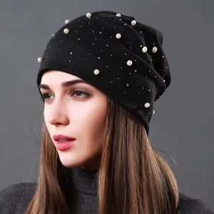Women Winter Warm Pearl Rhinestone Skull <b>Caps</b> Turban Bonnet Beanies <b>Hat</b> Ladies Soft Comfortable <b>Hat</b> See reviews - Product Image 3