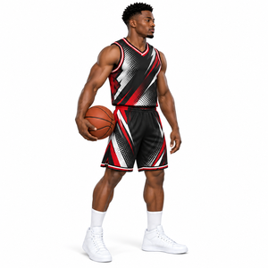 Ensemble de maillots de basket-ball sublimés personnalisés pour hommes, noir, rouge, blanc, col en V, sans manches, respirant, uniforme en polyester - Product Image 3
