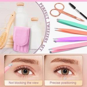 Juego de 5 Pinzas para Cejas de Acero Inoxidable, Tijeras, Cepillo Antiestático, Estuche Rosa Moderno, Herramientas Multicolores para un Aseo Preciso - Product Image 4