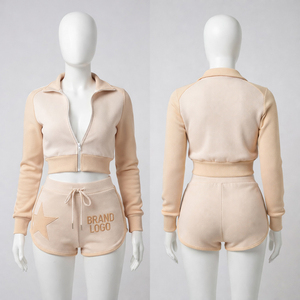 Conjunto de dos piezas para mujer al por mayor, personalizado, con chaqueta corta con cremallera y pantalones cortos a juego, con diseño de patchwork naranja. - Product Image 2