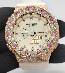 Montre de luxe pour homme, style hip-hop, avec cœur rose serti de pierres, en acier inoxydable plaqué or rose, cadran en verre, avec moissanite - Product Image 3