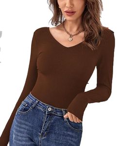 Camiseta informal cómoda con cuello en V y manga larga para mujer, top de moda - Product Image 1