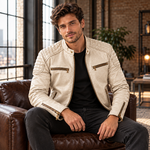 Chaqueta de cuero color marfil para hombre con cierre y hombros acolchados, chaqueta de motociclista color marfil para hombre con detalles acolchados. - Product Image 4