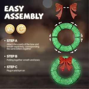 Guirlande de Noël extérieure pré-éclairée à LED de 60 pouces, 400 lumières, nœud vert/rouge pour la décoration extérieure de la maison, du jardin, des fêtes, en métal - Product Image 3