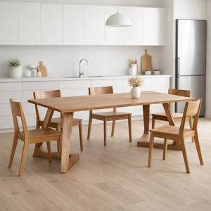Table à manger en bois de teck durable de qualité supérieure, style scandinave moderne, forme trapézoïdale, décoration intérieure, finition naturelle, restaurant, café - Product Image 4