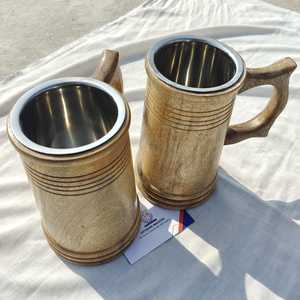 Wooden Engraved Carved Fancy Mug Tankard set of Two pieces Natural <b>Drinkwares</b> Drinking Vessels By Indian Craftsmen Wooden Craft - Product Image 3