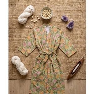 Meilleur prix Robe kimono en coton à imprimé floral pour femmes Col en V Manches trois quarts Longueur genoux Vêtement décontracté Saison printemps - Product Image 6