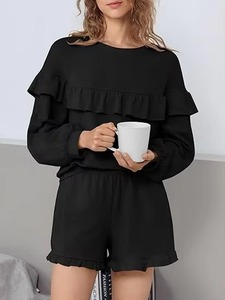 Haut à volants noir en maille à manches longues pour femme, col rond, couleur unie, respirant, idéal pour le printemps - Product Image 2