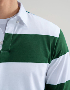 Polo de Rugby Personalizado de Alta Calidad para Hombre, Transpirable, Blanco con Rayas Teñidas en Verde, de Manga Larga y Corte Holgado - Product Image 2