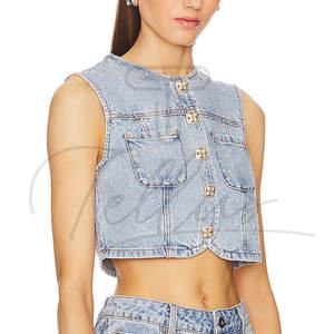 Tops en jean pour femmes de haute qualité, tendance et ornés de strass, vente en gros, design et logo personnalisés. - Product Image 4