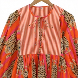 Vestido Midi de Verano de Algodón para Mujer, Estampado a Mano, Cuello Redondo, Manga Kimono, Vestido Informal - Product Image 1