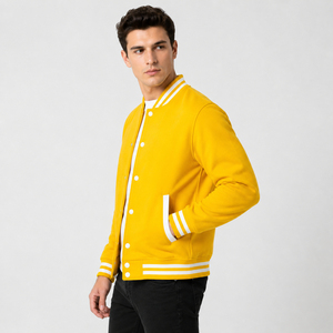 <b>Men's</b> Yellow Varsity Jacket With <b>White</b> Trim Button Front Casual Style Autumn Wear Regular Fit Solid Color <b>Fleece</b> Material - Product Image 3