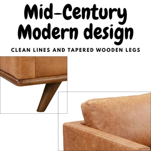 Modern Mid Century Real Leather <b>Sofa</b> Set Cognac Color 3 Seater Loveseat <b>Single</b> Chair Wooden Legs Living Room Furniture - Product Image 3
