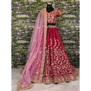 Maroon <b>Applique</b> Embroidery Work Banglory Silk Lehenga Choli - Product Image 4
