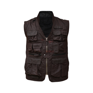 Brown <b>Utility</b> <b>Vest</b> Waterproof Waxed Canvas Multi Pocket Work Jacket Men Full Zip Functional Outdoor Apparel Cargo <b>Vest</b> - Product Image 1