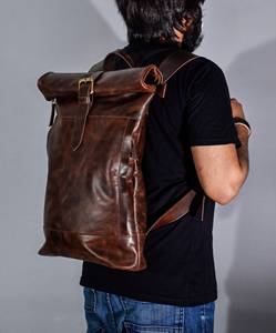 Sac à dos minimaliste en cuir marron à fermeture enroulable, sac à dos en cuir de vache véritable, sac de bureau pour homme pour les trajets quotidiens LTBP-0034 - Product Image 1