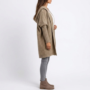 Women <b>Long</b> Knit <b>Cardigan</b> Hooded Open Front Casual Winter Wear 100% Acrylic Full Sleeve <b>Thick</b> Solid Color - Product Image 4