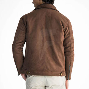 Men's Brown <b>Suede</b> Leather <b>Jacket</b> With Zipper Closure Turn-down Collar Casual Autumn Wear Slim Fit Regular Length - Product Image 2
