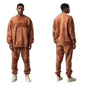 Mens Acid Wash Distressed <b>Tracksuit</b> Earthy Rust Orange Oversized Sweatsuit Distressed Ribbed Panels Knit Outfits - Product Image 1