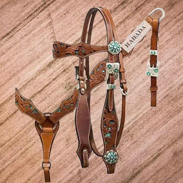 Fancy Tây Bridle chính hãng da bò tay dập nổi da headstall và vú cổ áo thiết lập với concho bởi Ấn Độ xuất khẩu