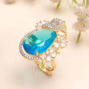 Gold and Silver Plated Blue Topaz <b>CZ</b> <b>Ring</b> Adjustable Round Cocktail Statement <b>Ring</b> Vintage Big <b>Ring</b> Bridal Wedding Party Wear - Product Image 1