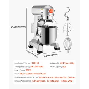 Batidora Comercial de Alimentos de 10 Qt y 450 W, 3 Velocidades Ajustables (110/178/390 RPM), 110 V, Acero Inoxidable, Equipo de Panadería Comercial - Product Image 2