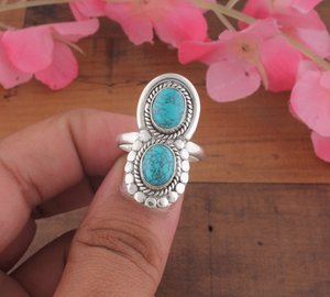 Bague en Argent Sterling 925 avec Deux Pierres Naturelles de Turquoise, Style Classique, Perles Ovales et Cordon, Vente en Gros - Product Image 4