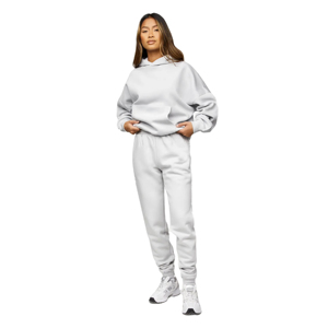 Women's Light Gray Hooded Tracksuit Full Sleeve Solid Color Casual Wear With Side Pockets Elastic Waist Autumn Style - Product Image 1