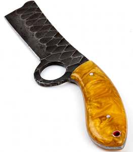 Couteau à découper noir forgé artisanal avec trou de sécurité pour le doigt et manche en résine jaune doré pour la viande - Product Image 1