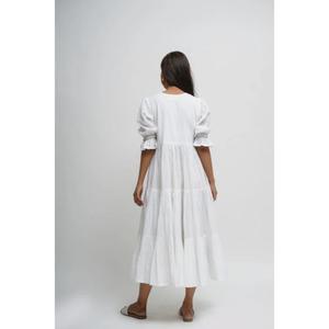 Robe longue trapèze blanche de luxe faite à la main, col en V, manches bouffantes, en coton, longueur thé, style simple, pour l'été, prix de gros - Product Image 5