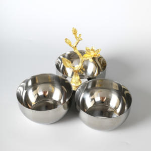 Bol de service double en argent de luxe avec poignée en forme d'oiseau doré sur branche, élégant plateau à noix en métal pour une décoration intérieure haut de gamme - Product Image 1