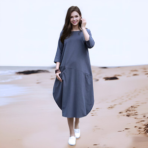Robe midi décontractée pour femme, coupe ample, col en V, coupe trapèze, avec poches, épaules tombantes, manches cloche, 100% Coton, style vintage, nœud, taille haute, faite main - Product Image 1