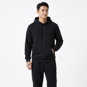 Ensemble de survêtement unisexe noir avec sweat à capuche et pantalon de jogging, décontracté, couleur unie, 100 % coton respirant, avec cordon de serrage - Product Image 2