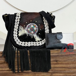Conjunto de 2 piezas de bolsos de piel auténtica de vaca con flecos, bandolera y cartera de piel con pelo, estilo bohemio occidental, venta al por mayor - Product Image 1