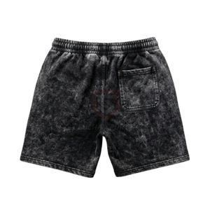 Shorts streetwear pour hommes, noir, effet délavé, motif flamme orange, style vintage, coton épais, style rétro - Product Image 2