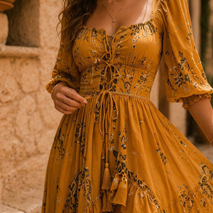 Vestido Maxi Bohemio para Mujer, Floral, Sólido, Antipilling, Transpirable, Antiarrugas, Tejido, Informal, de Verano - Product Image 5