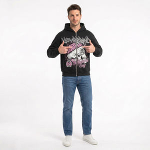 Sudadera con capucha negra con cremallera para hombre de tu marca, con estampado de calavera y cerebro, estilo oversize, de forro polar, para uso urbano, para otoño, estilo vintage - Product Image 4