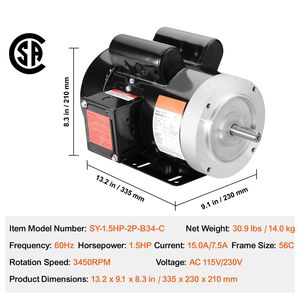 Motore Elettrico Monofase 1.5HP 3450 Giri/min 115V/230V AC Telaio 56C per Compressore d'Aria con Albero Scanalato da 5/8'' CW/CCW per Compressori Industriali - Product Image 3