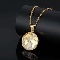 Collier de luxe en or 10K 14K, pendentif carte du monde entièrement serti de moissanite, style hip-hop, globe doré scintillant