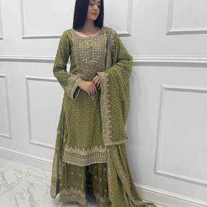 Deseable y Elegante Conjunto Tradicional Salwar Kameez de Georgette Sintética Bordada de Secado Rápido con Top, Pantalón y Dupatta para Fiestas, Bodas y Diwali - Product Image 1