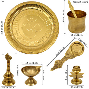 Ensemble de thali en laiton avec motif Om, cloche, support pour Kumkum, support pour Agarbatti et cuillère pour les rituels - Product Image 2