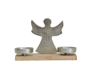 Porte-bougie décoratif en aluminium en forme d'ange avec base en bois, centre de table de Noël, décoration de fête - Product Image 2