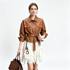 <b>Women's</b> <b>Brown</b> PU <b>Leather</b> Safari <b>Jacket</b> Three Quarter Sleeve Turn-down Collar Belted Utility Style Autumn Wear - Product Image 1