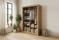 Armoire coulissante moderne en chêne blanc Essence avec poignée en aluminium durable, rail gain de place, mobilier de chambre contemporain