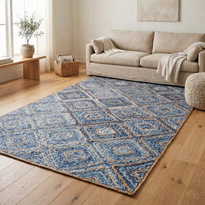 Tapis à motif diamant bleu pour salon, chambre et décoration intérieure contemporaine - Product Image 1