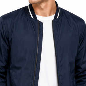 Classic Men's Navy Blue Bomber <b>Jacket</b> White Striped Ribbed Collar Cuff Hem Casual <b>Zip</b> <b>Up</b> <b>jacket</b> - Product Image 3